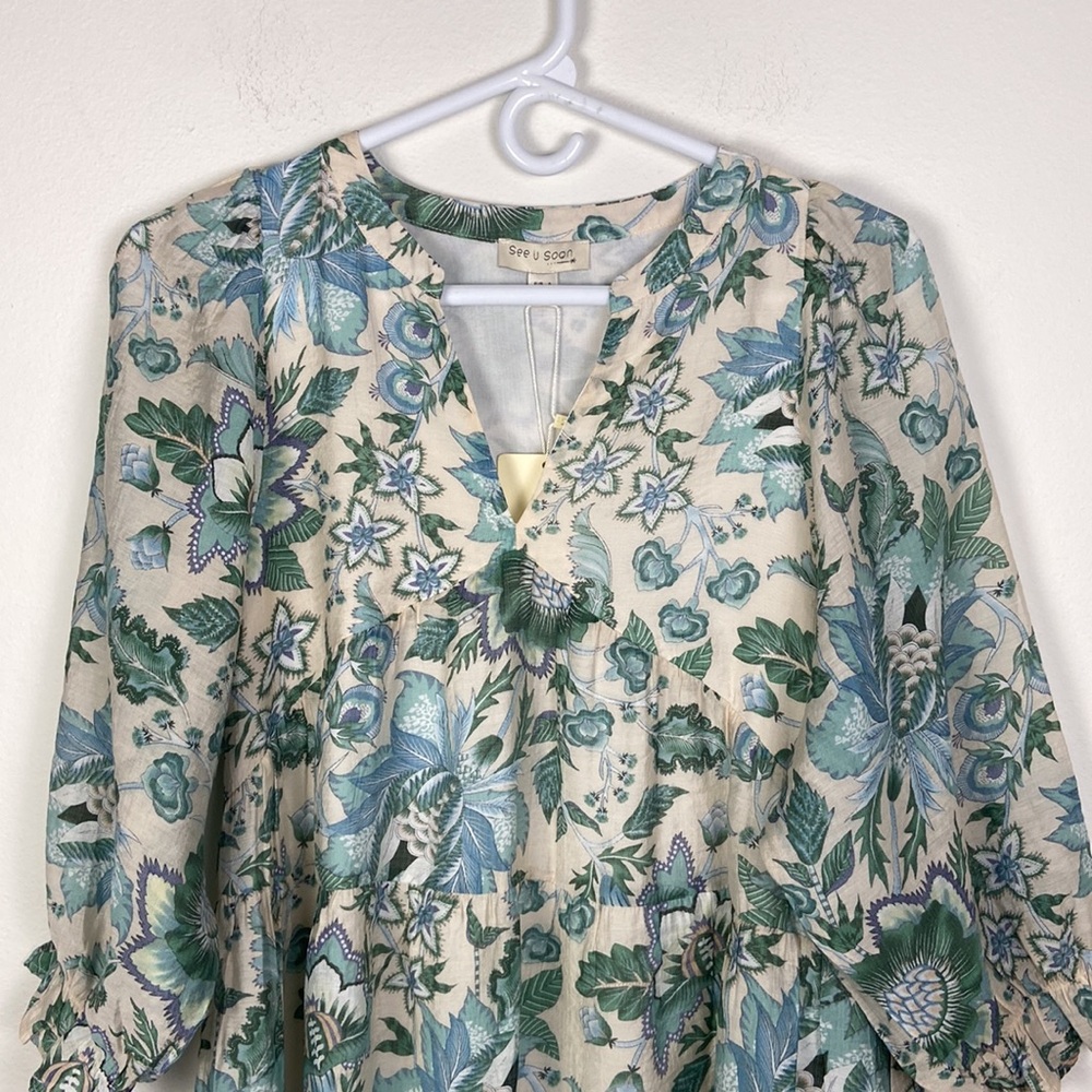 NWT See U Soon XS Balloon Sleeve Split Neck Babydoll Mini Dress Floral Coastal - Picture 4 of 10